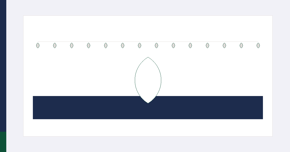 Illustration dessinée : une plaque blanche traversée dans son tiers inférieur par une large bande de satin bleu nuit ; le long du bord supérieur, une rangée de petits points lumineux régulièrement espacés posés sur un mince filet gris, la guirlande dessinée comme des points sur un fil ; entre les deux, une ouverture en marquise centrée et vide, ne laissant voir que le fond nacré — le siège de la mariée avant la soirée. Une marque verte à la pointe haute de l'ouverture.
